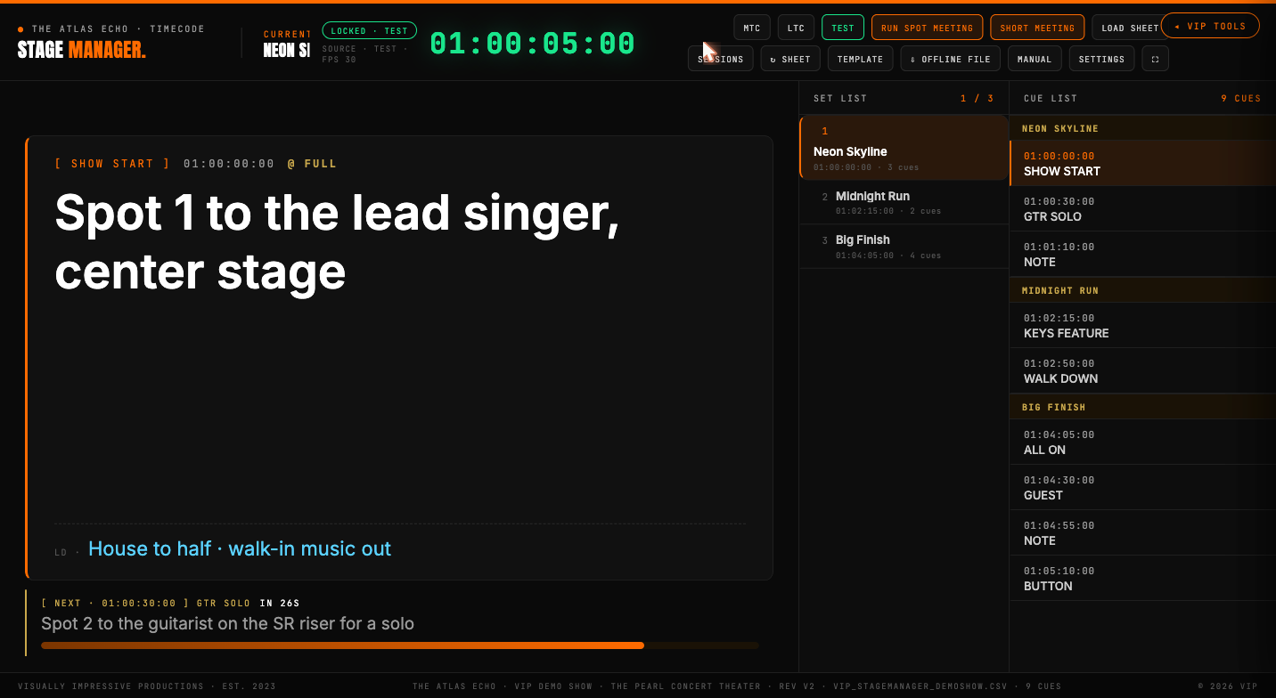 CueCaller mid-show with a cue on screen