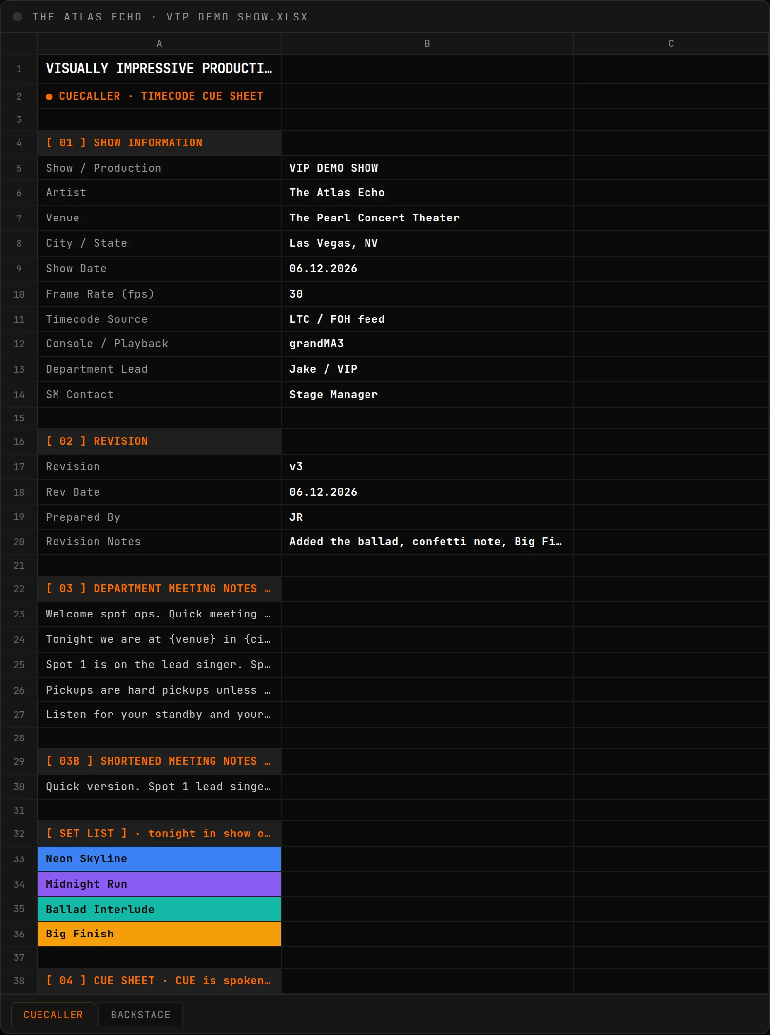 The cue sheet's admin block: show information, revision, meeting notes, set list