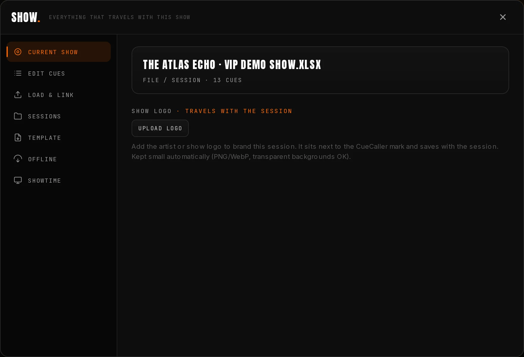 The Current Show pane with the logo upload