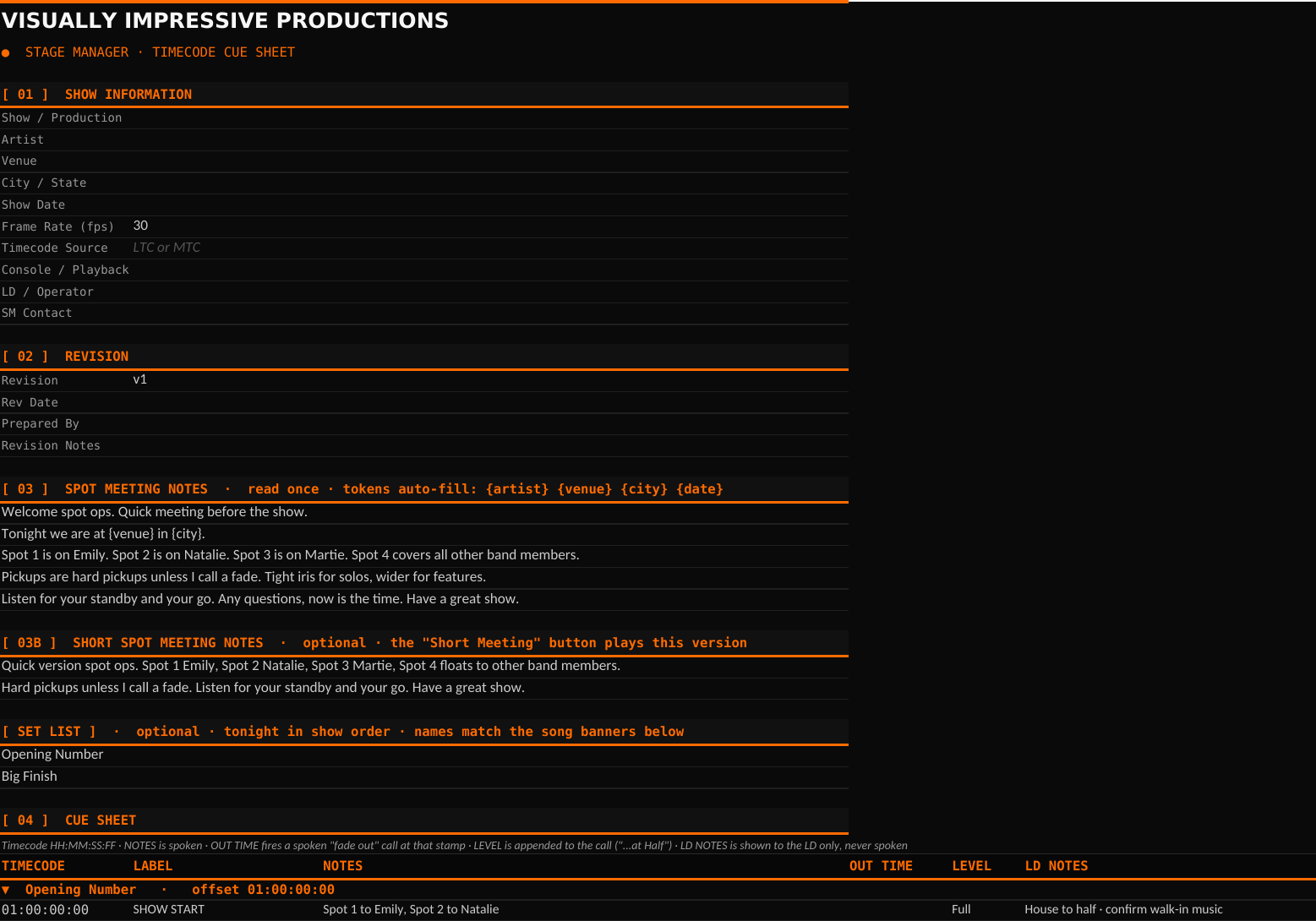 The VIP cue sheet template structure