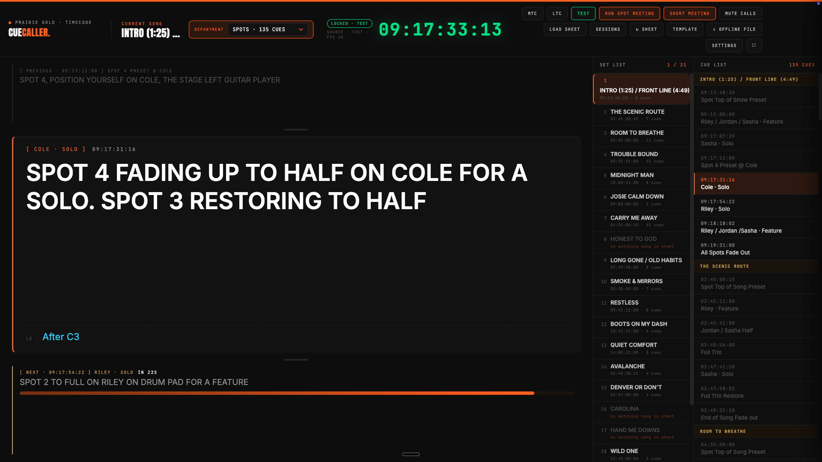 CueCaller running the Spots track of a live show on timecode